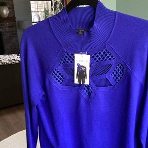 CYRUS Lace And Cut Out Detail Mock Turtleneck Sweater Blue L
